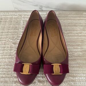 Salvatore Ferragamo Burgundy Flats with Gold Buckle (Size 6)